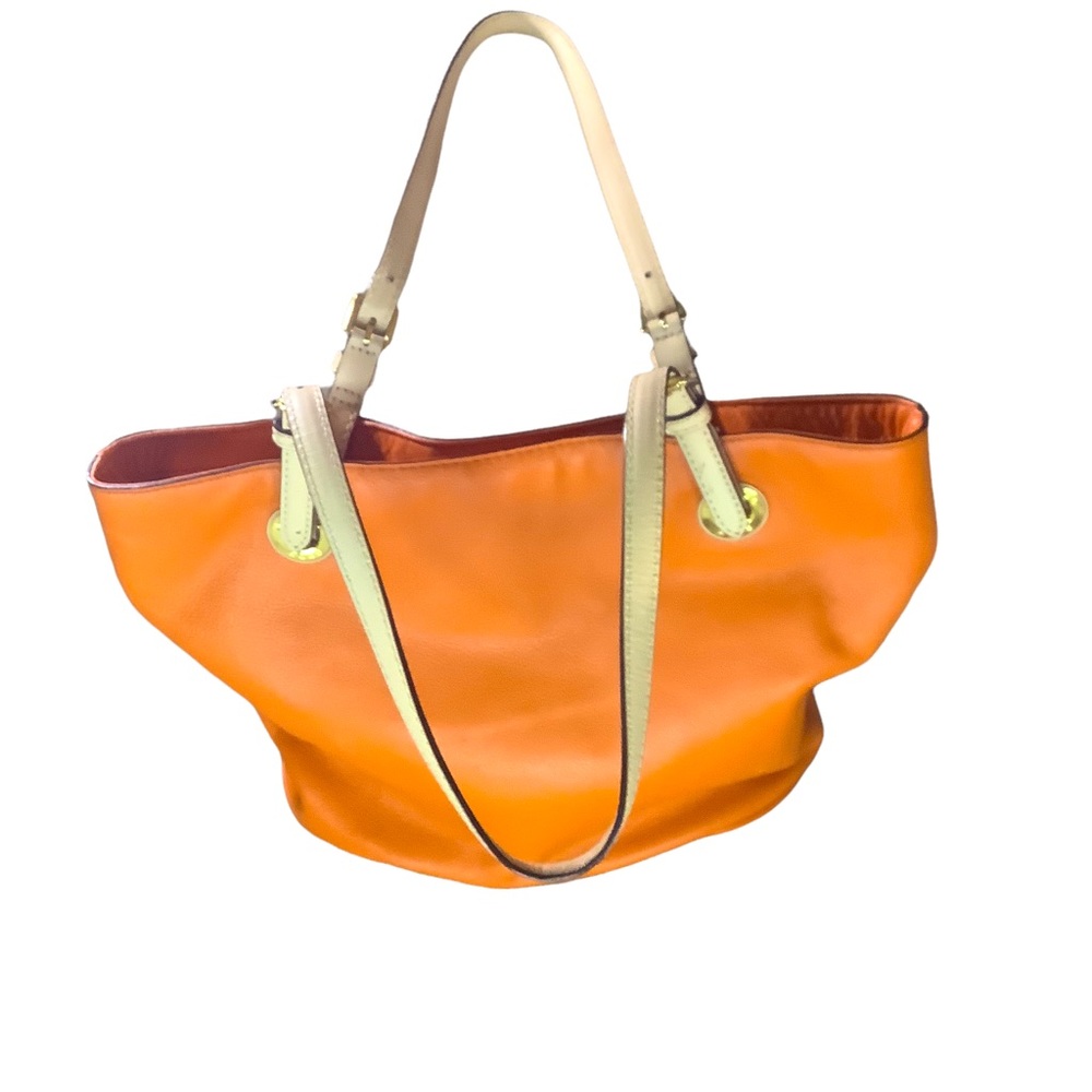 Michael Kors | Tangerine Orange Pebble Leather Tote Bag with Tan Straps- Medium